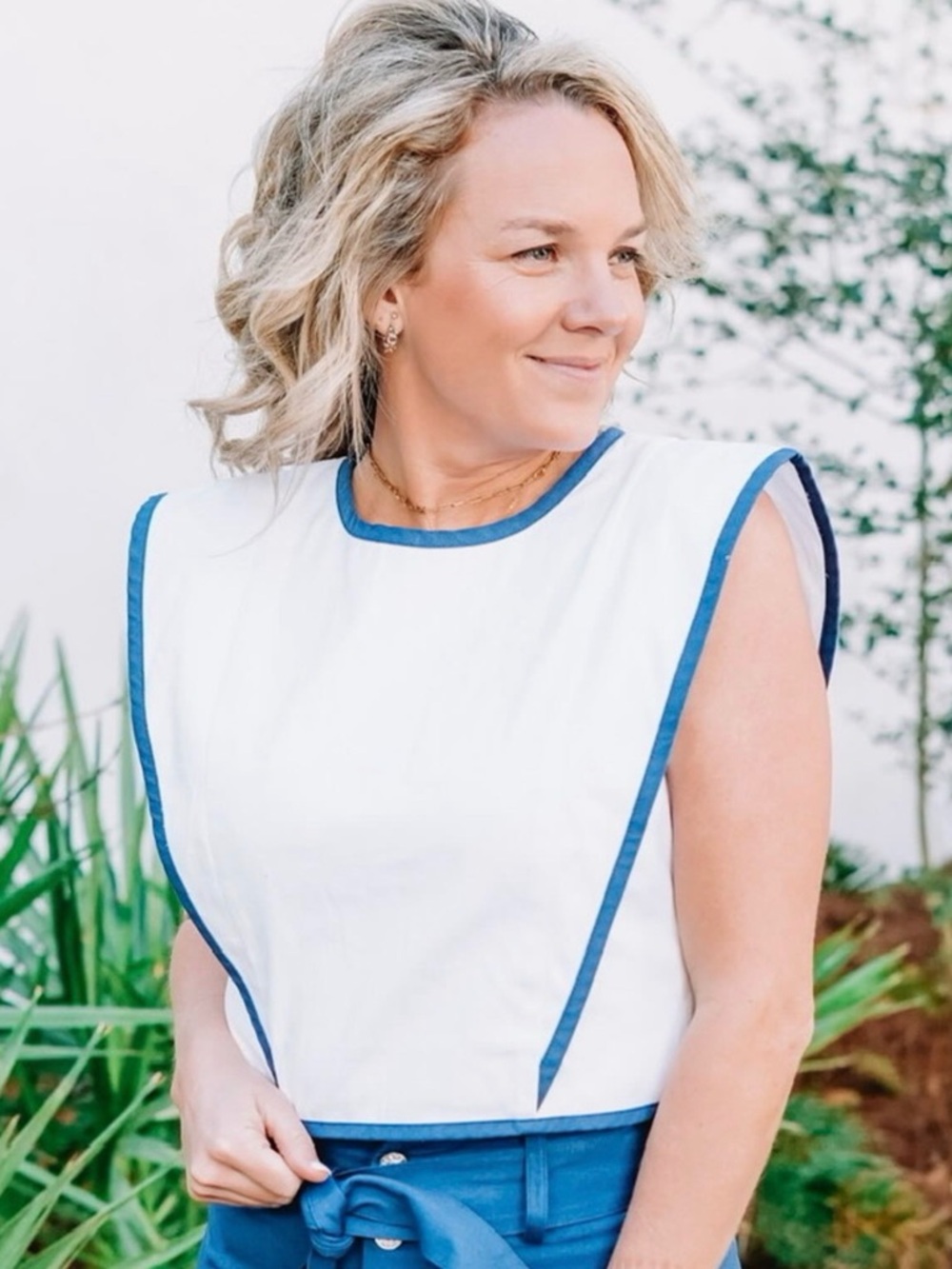 White Sleeveless Blouse with Blue Contrast Trim - Women's